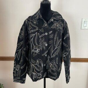 VTG Y2K Studio Works Embroidered Leaf Statement Jacket Black Plus 1X Artist Boho